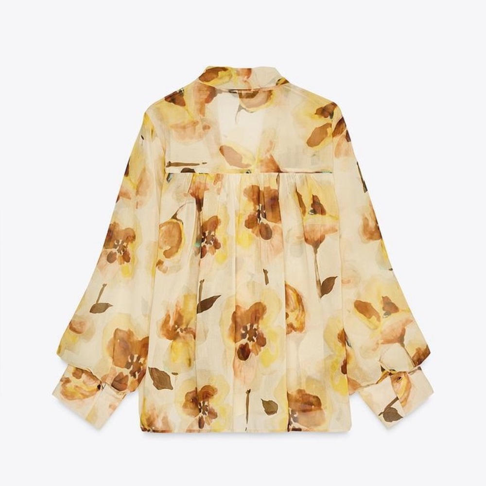 ZARA Scarf Detail Floral Print Oversized Shirt | Ecru/Yellow - Picture 8 of 14